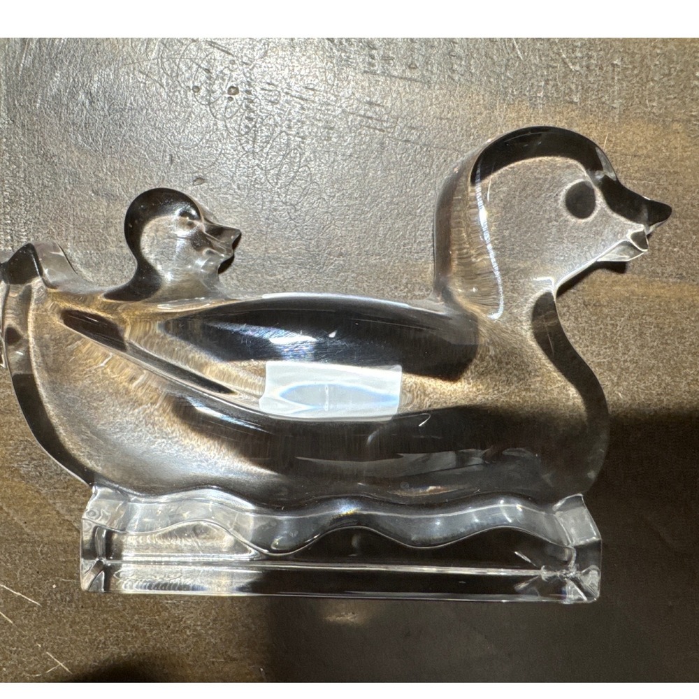 Baccarat Crystal Duck and Duckling Figurine Paperweight Signed France Clear
